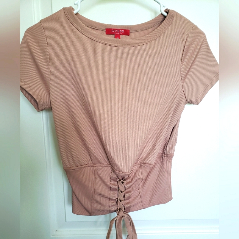 GUESS Women's Beige Lace-Up Short Sleeve Top